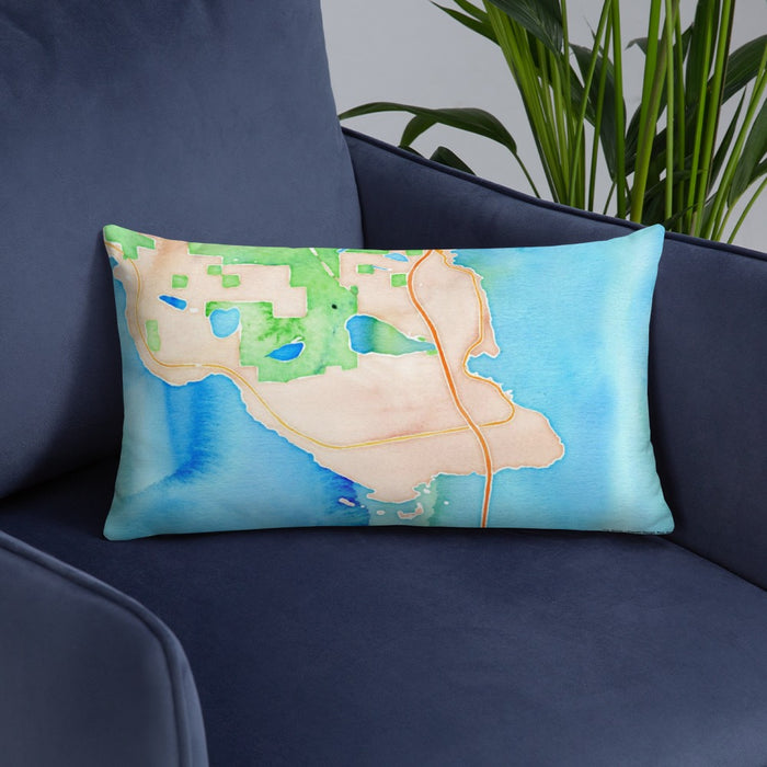 Custom St. Ignace Michigan Map Throw Pillow in Watercolor on Blue Colored Chair