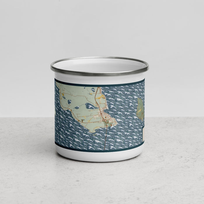 Front View Custom St. Ignace Michigan Map Enamel Mug in Woodblock