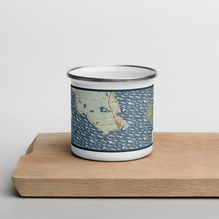 Front View Custom St. Ignace Michigan Map Enamel Mug in Woodblock on Cutting Board