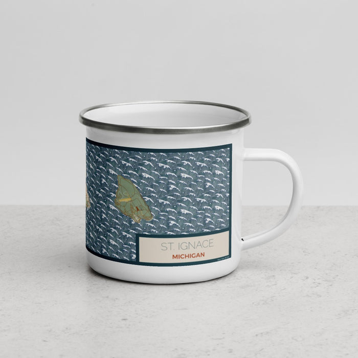 Right View Custom St. Ignace Michigan Map Enamel Mug in Woodblock
