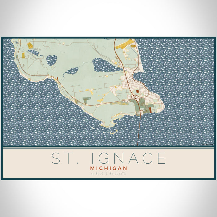 St. Ignace Michigan Map Print Landscape Orientation in Woodblock Style With Shaded Background