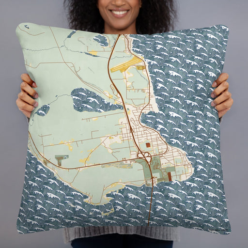 Person holding 22x22 Custom St. Ignace Michigan Map Throw Pillow in Woodblock
