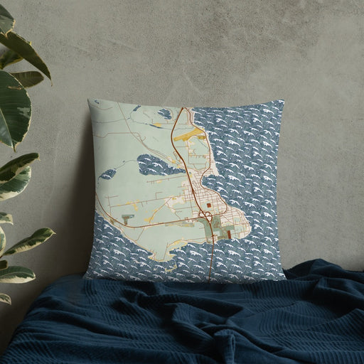 Custom St. Ignace Michigan Map Throw Pillow in Woodblock on Bedding Against Wall
