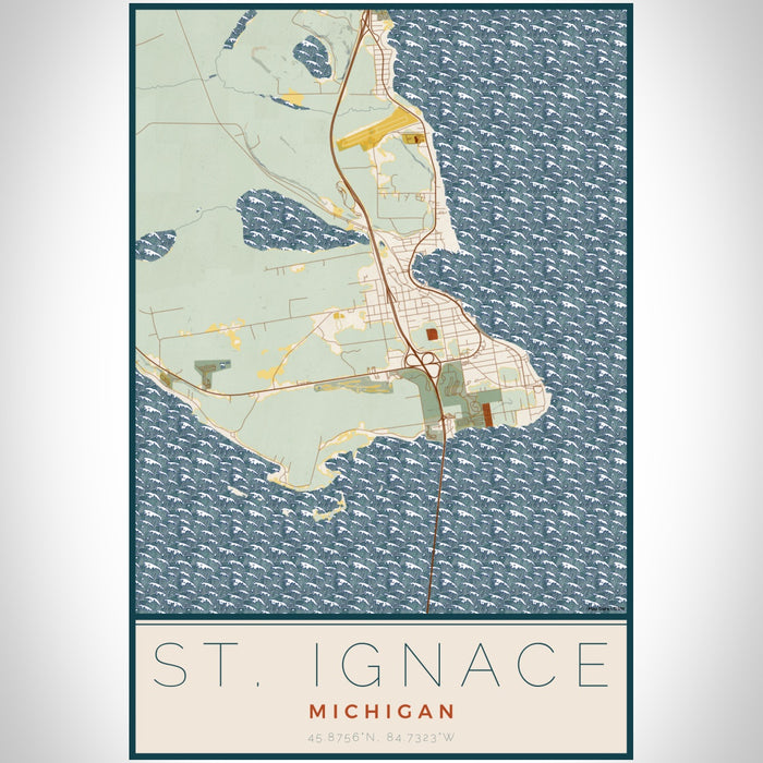 St. Ignace Michigan Map Print Portrait Orientation in Woodblock Style With Shaded Background