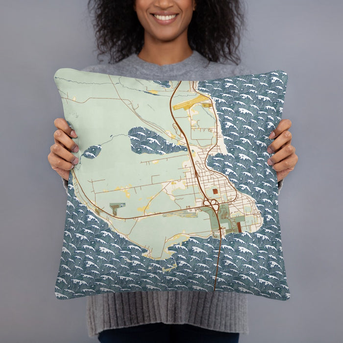 Person holding 18x18 Custom St. Ignace Michigan Map Throw Pillow in Woodblock