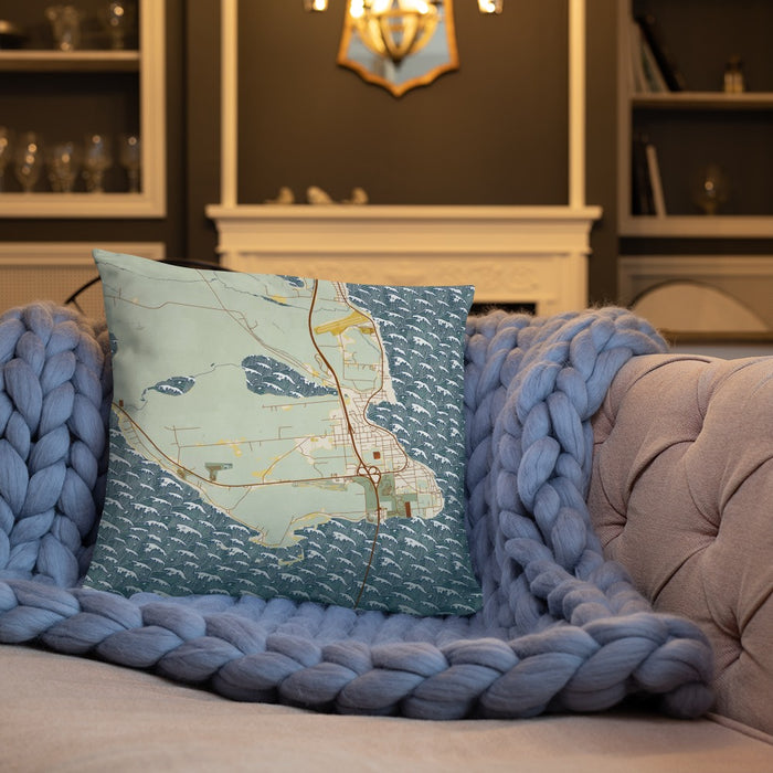 Custom St. Ignace Michigan Map Throw Pillow in Woodblock on Cream Colored Couch