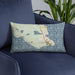 Custom St. Ignace Michigan Map Throw Pillow in Woodblock on Blue Colored Chair
