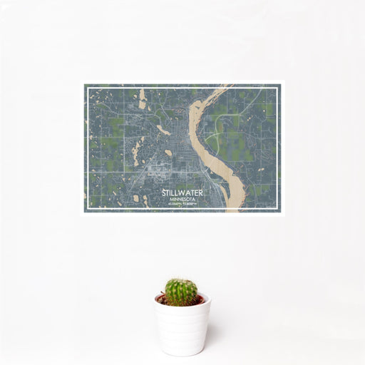 12x18 Stillwater Minnesota Map Print Landscape Orientation in Afternoon Style With Small Cactus Plant in White Planter