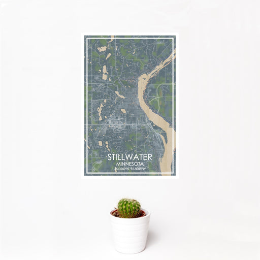 12x18 Stillwater Minnesota Map Print Portrait Orientation in Afternoon Style With Small Cactus Plant in White Planter