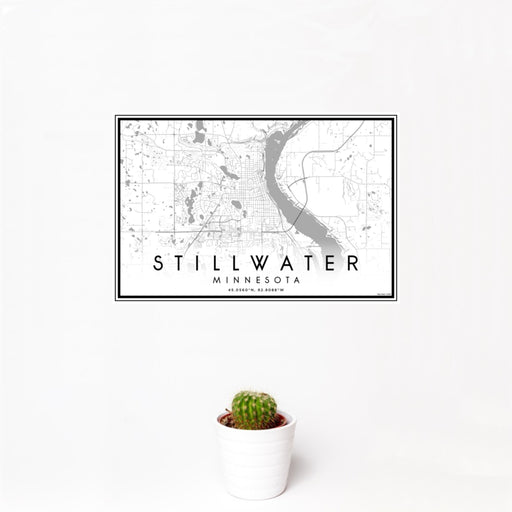 12x18 Stillwater Minnesota Map Print Landscape Orientation in Classic Style With Small Cactus Plant in White Planter