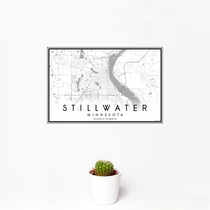 12x18 Stillwater Minnesota Map Print Landscape Orientation in Classic Style With Small Cactus Plant in White Planter