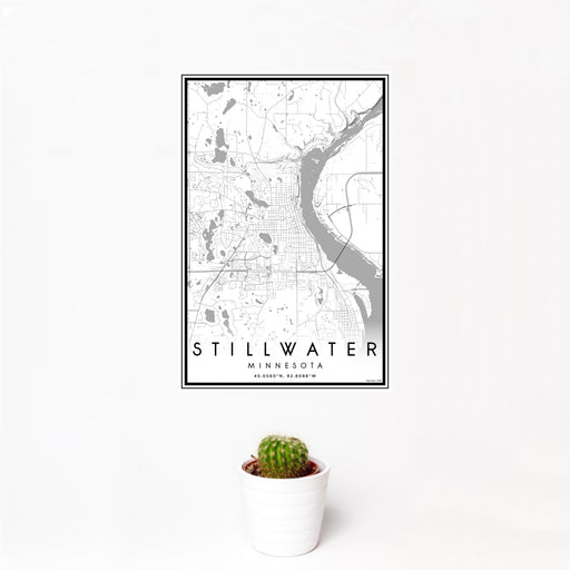 12x18 Stillwater Minnesota Map Print Portrait Orientation in Classic Style With Small Cactus Plant in White Planter