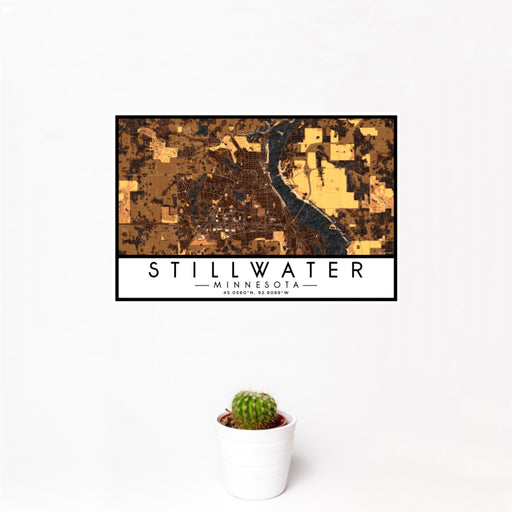 12x18 Stillwater Minnesota Map Print Landscape Orientation in Ember Style With Small Cactus Plant in White Planter