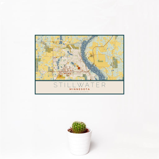 12x18 Stillwater Minnesota Map Print Landscape Orientation in Woodblock Style With Small Cactus Plant in White Planter