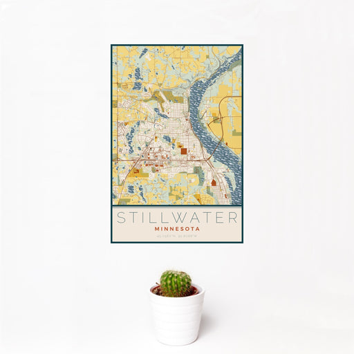 12x18 Stillwater Minnesota Map Print Portrait Orientation in Woodblock Style With Small Cactus Plant in White Planter