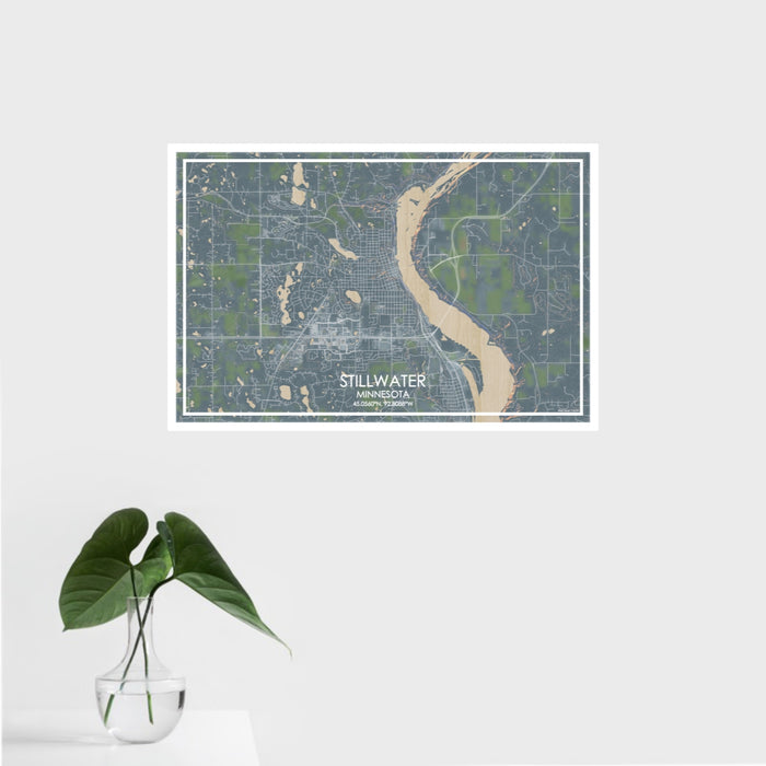 16x24 Stillwater Minnesota Map Print Landscape Orientation in Afternoon Style With Tropical Plant Leaves in Water