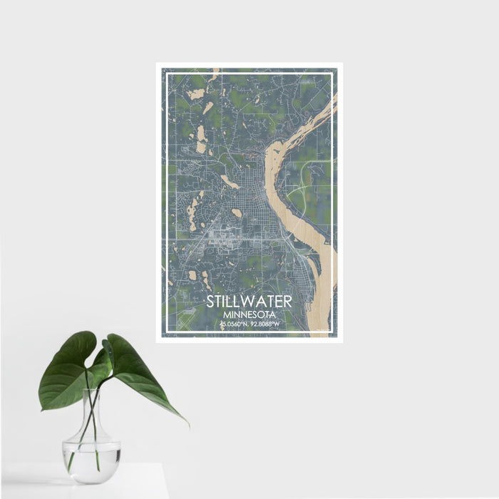 16x24 Stillwater Minnesota Map Print Portrait Orientation in Afternoon Style With Tropical Plant Leaves in Water