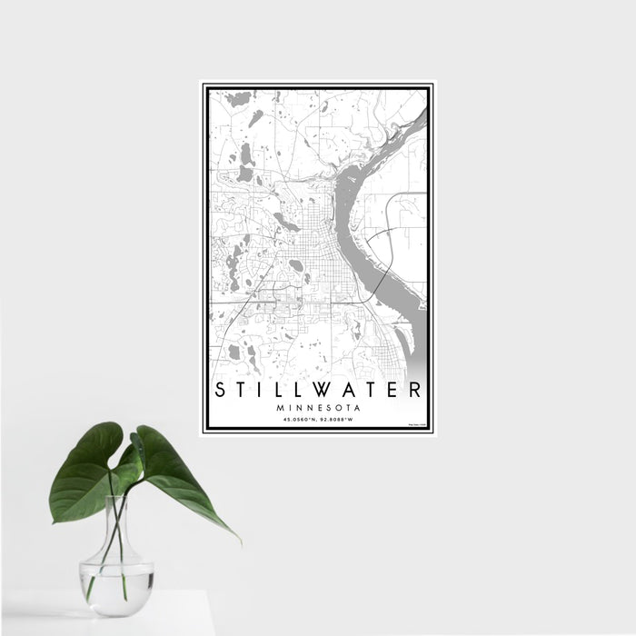 16x24 Stillwater Minnesota Map Print Portrait Orientation in Classic Style With Tropical Plant Leaves in Water