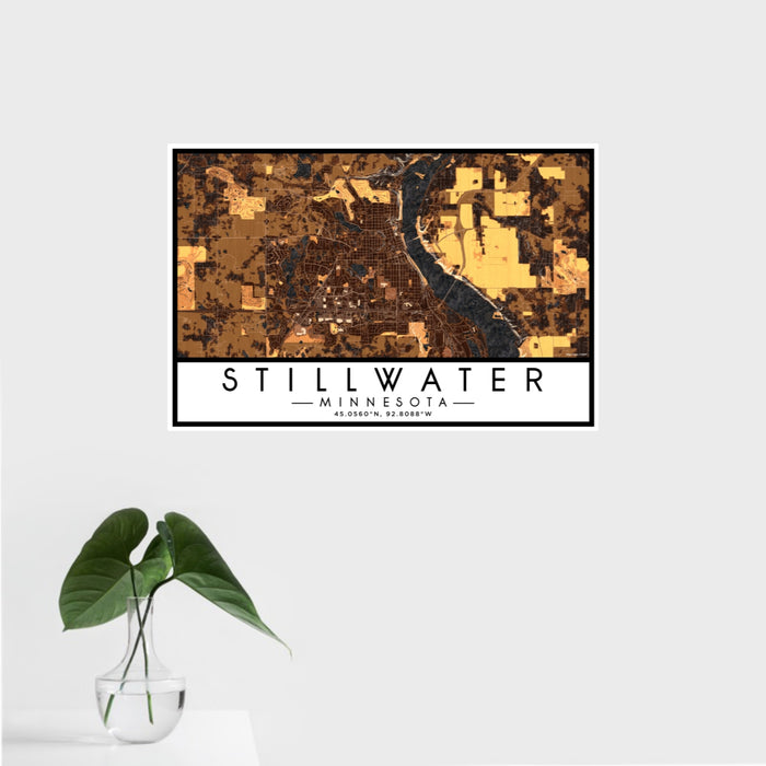 16x24 Stillwater Minnesota Map Print Landscape Orientation in Ember Style With Tropical Plant Leaves in Water