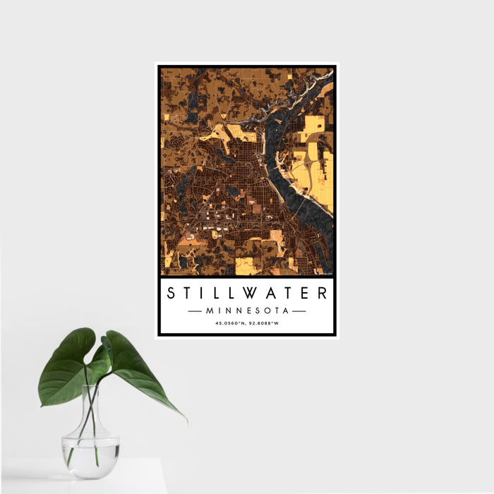 16x24 Stillwater Minnesota Map Print Portrait Orientation in Ember Style With Tropical Plant Leaves in Water