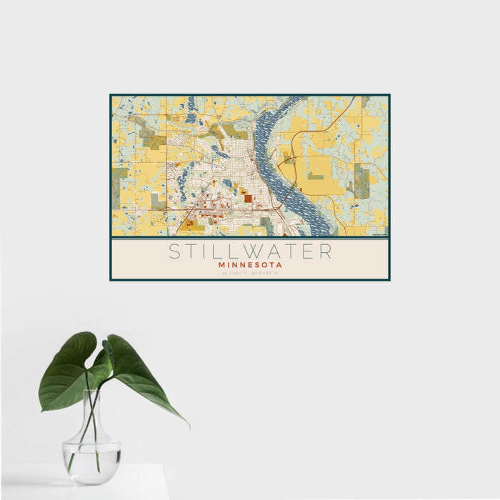 16x24 Stillwater Minnesota Map Print Landscape Orientation in Woodblock Style With Tropical Plant Leaves in Water