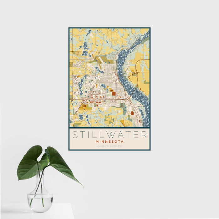 16x24 Stillwater Minnesota Map Print Portrait Orientation in Woodblock Style With Tropical Plant Leaves in Water