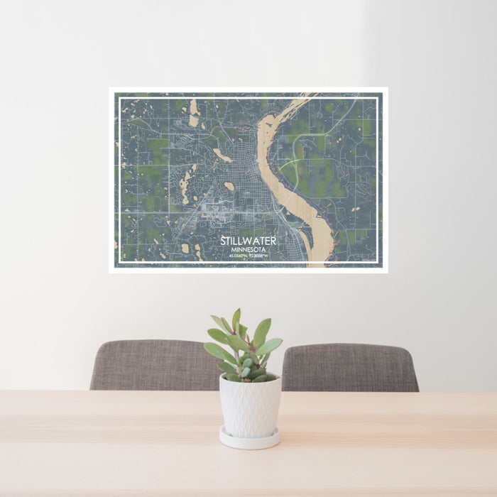 24x36 Stillwater Minnesota Map Print Lanscape Orientation in Afternoon Style Behind 2 Chairs Table and Potted Plant