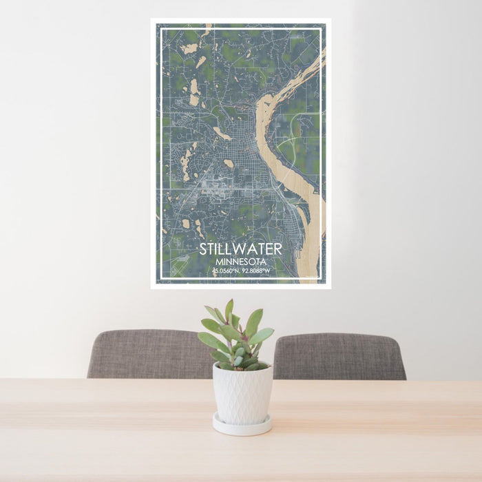 24x36 Stillwater Minnesota Map Print Portrait Orientation in Afternoon Style Behind 2 Chairs Table and Potted Plant