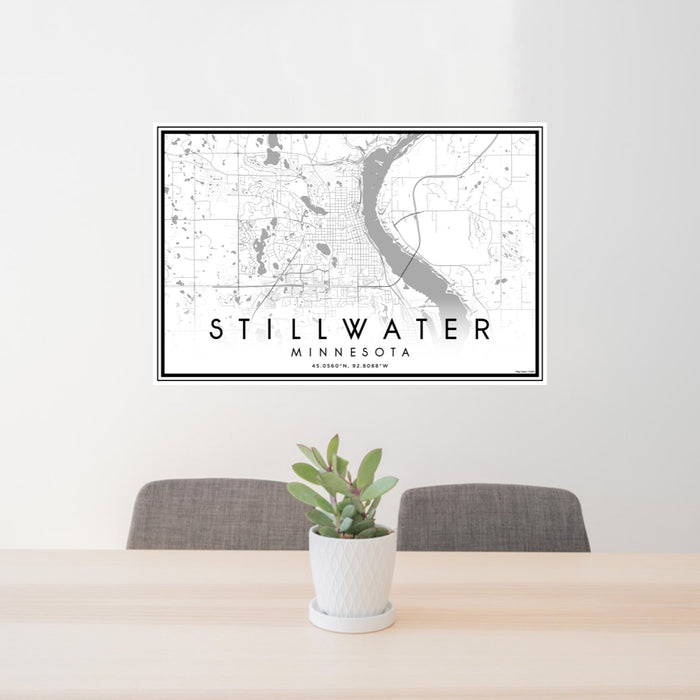 24x36 Stillwater Minnesota Map Print Lanscape Orientation in Classic Style Behind 2 Chairs Table and Potted Plant
