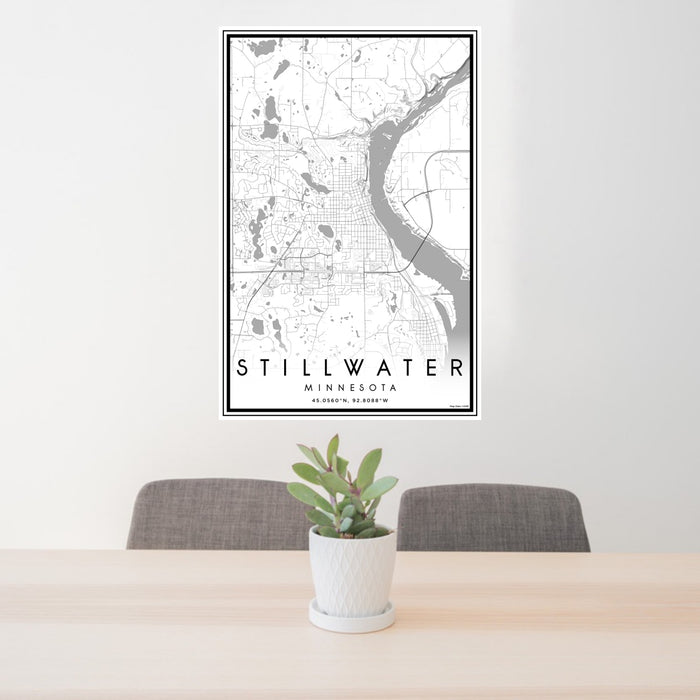 24x36 Stillwater Minnesota Map Print Portrait Orientation in Classic Style Behind 2 Chairs Table and Potted Plant