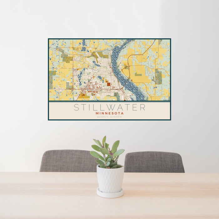 24x36 Stillwater Minnesota Map Print Lanscape Orientation in Woodblock Style Behind 2 Chairs Table and Potted Plant