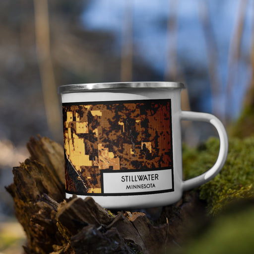 Right View Custom Stillwater Minnesota Map Enamel Mug in Ember on Grass With Trees in Background