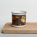 Front View Custom Stillwater Minnesota Map Enamel Mug in Ember on Cutting Board