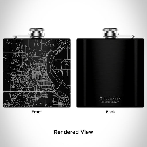 Rendered View of Stillwater Minnesota Map Engraving on 6oz Stainless Steel Flask in Black