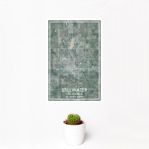 12x18 Stillwater Oklahoma Map Print Portrait Orientation in Afternoon Style With Small Cactus Plant in White Planter