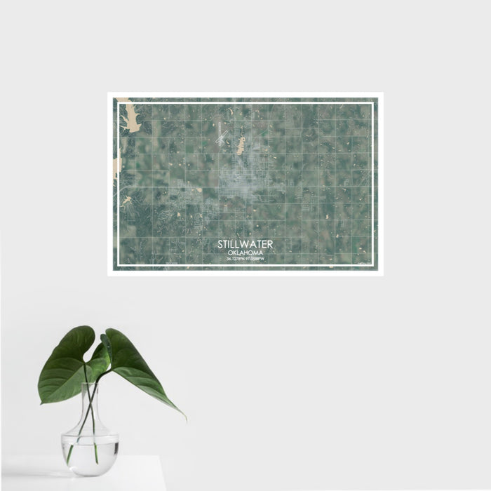 16x24 Stillwater Oklahoma Map Print Landscape Orientation in Afternoon Style With Tropical Plant Leaves in Water