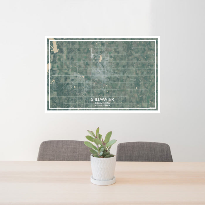 24x36 Stillwater Oklahoma Map Print Lanscape Orientation in Afternoon Style Behind 2 Chairs Table and Potted Plant