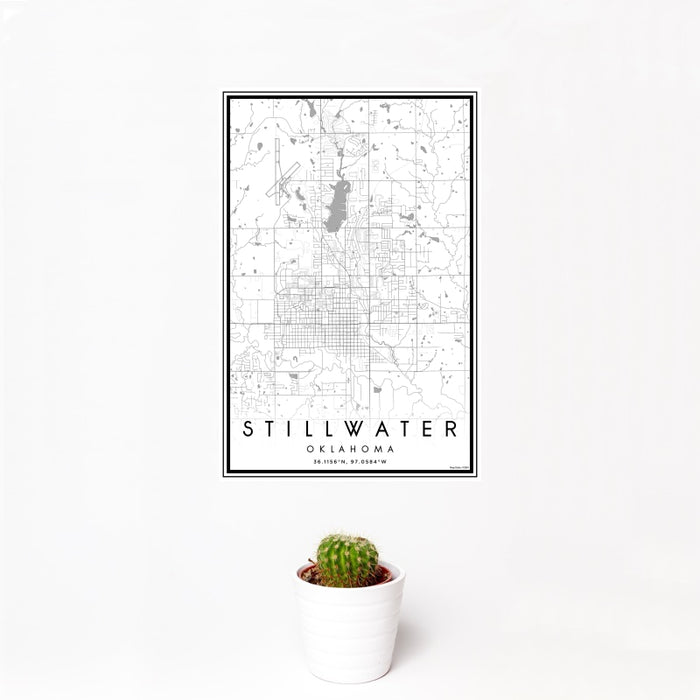 12x18 Stillwater Oklahoma Map Print Portrait Orientation in Classic Style With Small Cactus Plant in White Planter