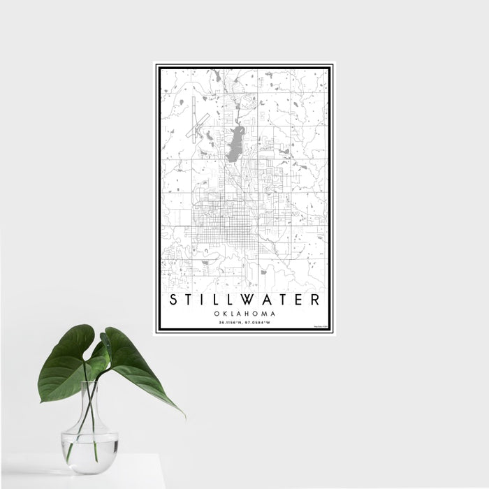 16x24 Stillwater Oklahoma Map Print Portrait Orientation in Classic Style With Tropical Plant Leaves in Water