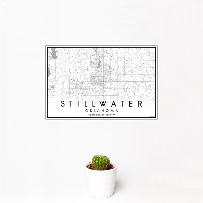 12x18 Stillwater Oklahoma Map Print Landscape Orientation in Classic Style With Small Cactus Plant in White Planter