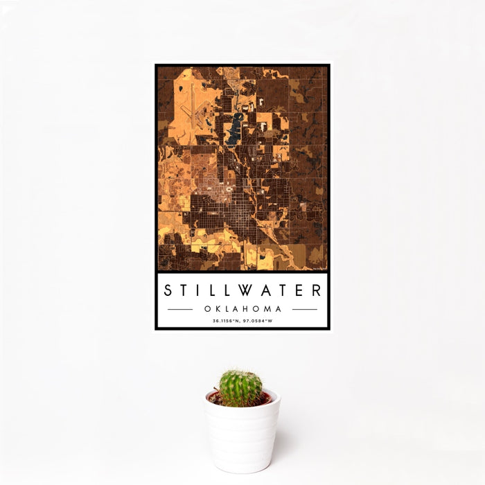 12x18 Stillwater Oklahoma Map Print Portrait Orientation in Ember Style With Small Cactus Plant in White Planter