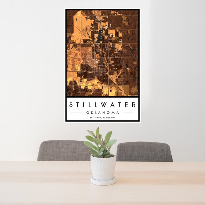 24x36 Stillwater Oklahoma Map Print Portrait Orientation in Ember Style Behind 2 Chairs Table and Potted Plant