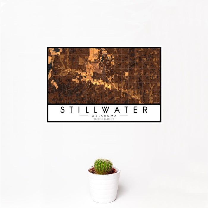 12x18 Stillwater Oklahoma Map Print Landscape Orientation in Ember Style With Small Cactus Plant in White Planter
