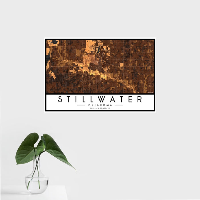 16x24 Stillwater Oklahoma Map Print Landscape Orientation in Ember Style With Tropical Plant Leaves in Water