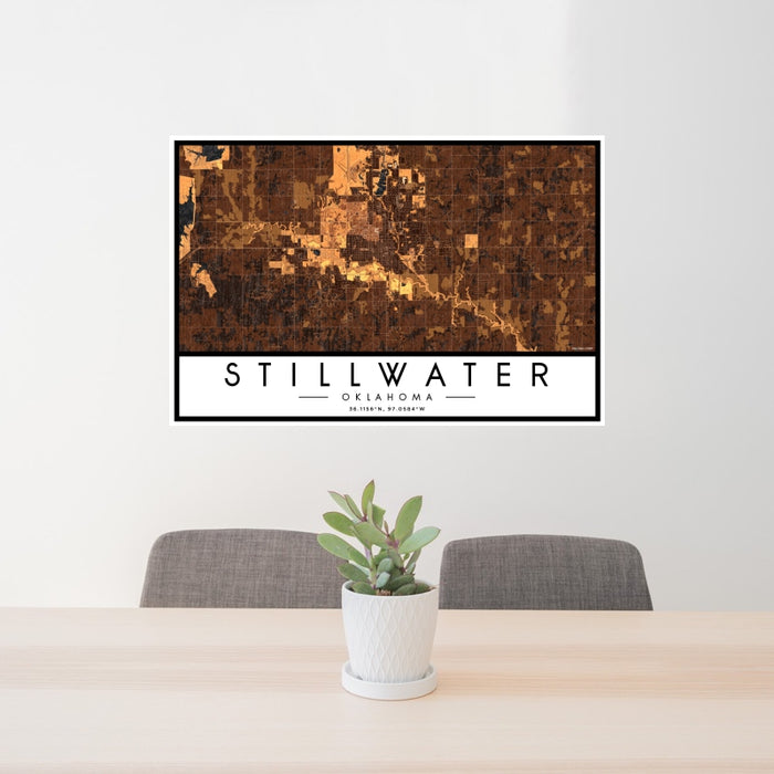 24x36 Stillwater Oklahoma Map Print Landscape Orientation in Ember Style Behind 2 Chairs Table and Potted Plant