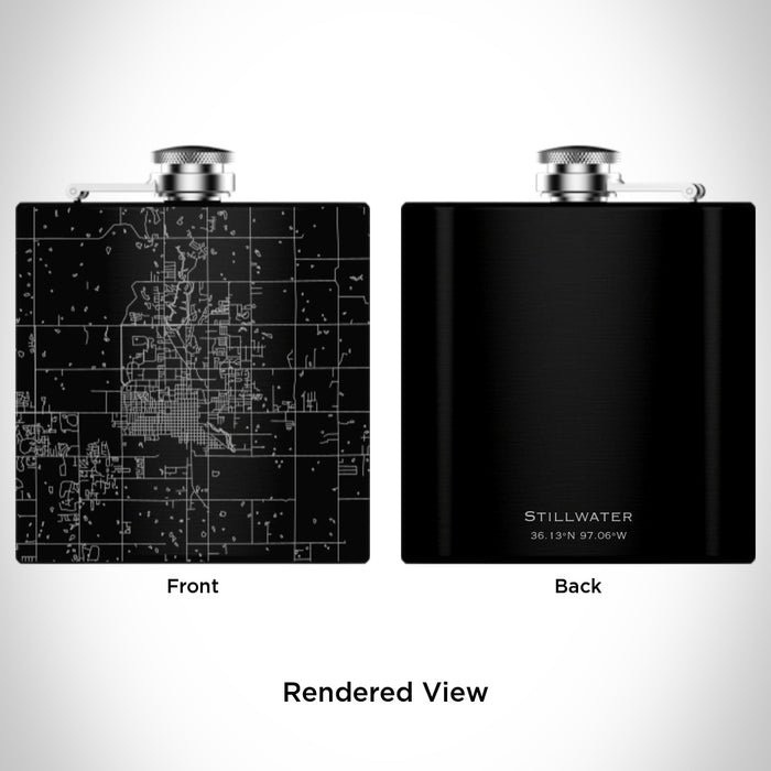 Rendered View of Stillwater Oklahoma Map Engraving on 6oz Stainless Steel Flask in Black