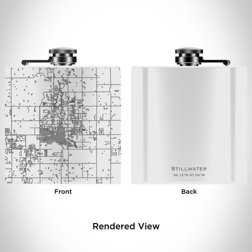 Rendered View of Stillwater Oklahoma Map Engraving on 6oz Stainless Steel Flask in White