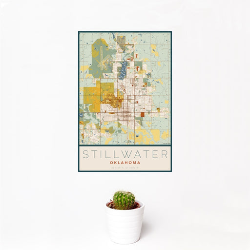 12x18 Stillwater Oklahoma Map Print Portrait Orientation in Woodblock Style With Small Cactus Plant in White Planter
