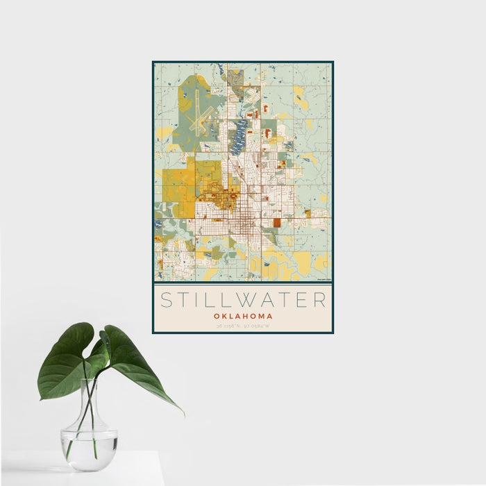 16x24 Stillwater Oklahoma Map Print Portrait Orientation in Woodblock Style With Tropical Plant Leaves in Water