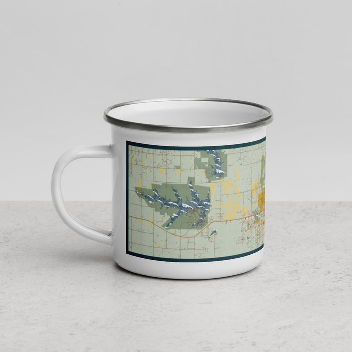 Left View Custom Stillwater Oklahoma Map Enamel Mug in Woodblock